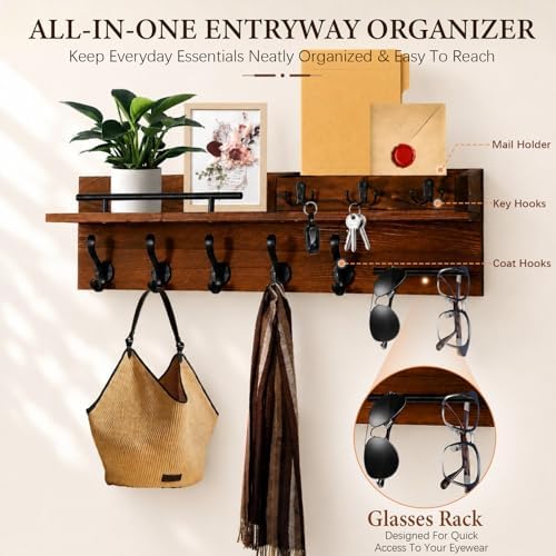 29" Wooden Wall Mounted Coat Rack with Shelf - 5-in-1 Entryway Organizer with 8 Hooks (5 Coat Hooks + 3 Key Hooks), Mail Holder & Display Shelf & glasses Hanger for Doorway, Bedroom, Garage Entrance - Image 6
