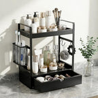 2-Tier Bathroom Counter Organizer with Drawer Basket and Hooks, Wood Bathroom Organizers and Storage for countertop, Farmhouse Black Countertop Organizer, Counter Shelf for Vanity, Kitchen, Office - Image 2
