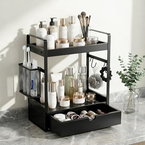 2-Tier Bathroom Counter Organizer with Drawer Basket and Hooks, Wood Bathroom Organizers and Storage for countertop, Farmhouse Black Countertop Organizer, Counter Shelf for Vanity, Kitchen, Office - Image 2