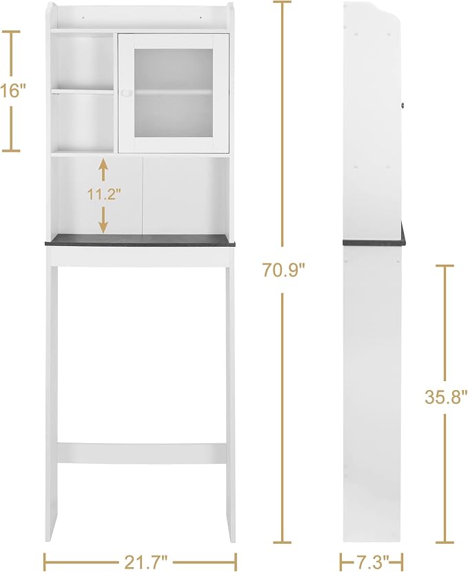 SUPER DEAL Over The Toilet Bathroom Storage Cabinet Freestanding Wooden Bathroom Organizer with Adjustable Shelves and Glass Door, White - Image 2