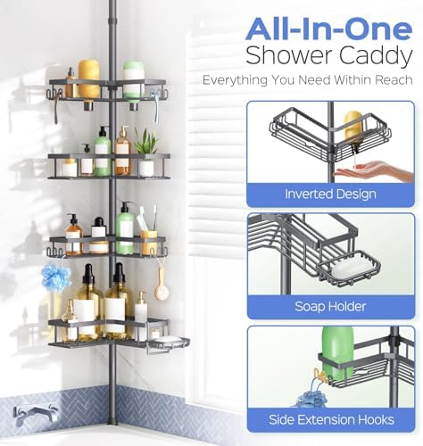 HAMITOR Shower Caddy Tension Pole: 4-Tier Corner Bathroom Organizer Shelf with Soap Holder & Hooks - No-Drill Adjustable Standing Storage Rack for Apartment Renters - 47-123 Inch Black - Image 6