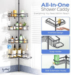 HAMITOR Shower Caddy Tension Pole: 4-Tier Corner Bathroom Organizer Shelf with Soap Holder & Hooks - No-Drill Adjustable Standing Storage Rack for Apartment Renters - 47-123 Inch Black - Image 6