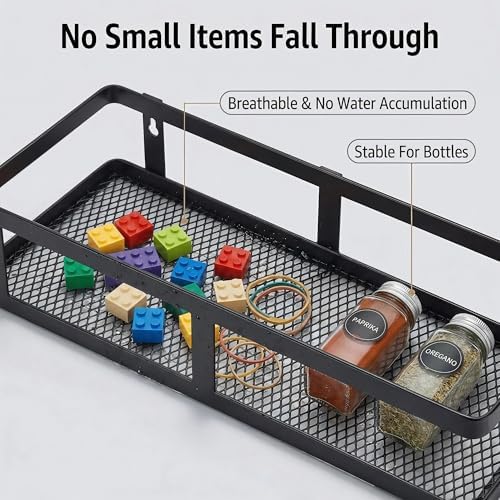 PUSDON 2-Pack Minimalist Shower Caddy Wall Mount, Open Frame Bathroom Shelf Organizer with Mesh Base, Rustproof Floating Spice Rack for Kitchen, Holds 50 LBS, 4 Hooks - Matte Black, Guardrail - Image 5