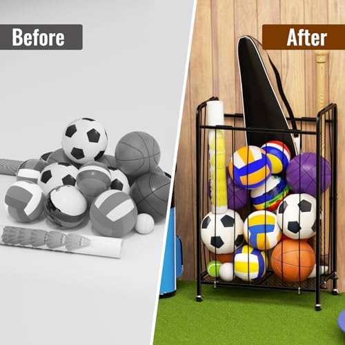 Garage Ball Storage with Wheels, Ball Sports Organizer Storage Cart, Sports Equipment Organizer, Sports Ball Rack With Elastic Rope, Garage Organization Storage Rack, Ball Holder, Black - Image 4