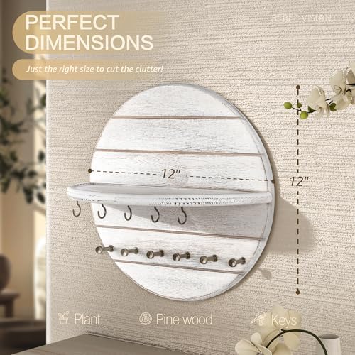 RebeeVision Pine Wood Round Key Holder Wall Mount for Wall Decor, Whitewash - Image 2
