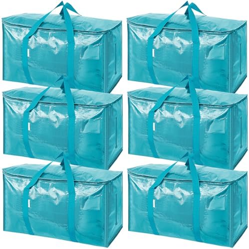 TICONN 6 Pack Extra Large Moving Bags Heavy Duty with Zippers & Carrying Handles, Durable Storage Bags Moving Boxes for Closet Organizers and Storage (6 Pack, Aqua) by TICONN