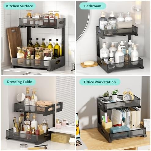 Under Sink Organizer, Extra-Wide Upgrade, 2-Pack of 2-Tier Metal Slide Out Cabinet Organizer, Height Adjustable Organization and Storage Series, Bathroom/Cabinet/Kitchen organization, Black - Image 7
