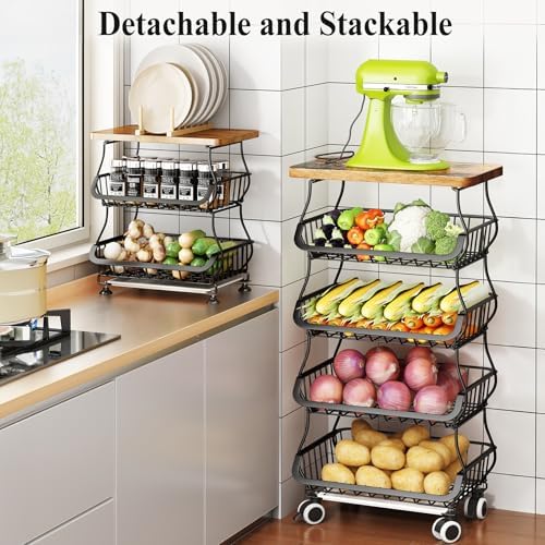 SAYZH 5-Tier Fruit and Vegetable Basket Stand for Kitchen, Wood Top, Black - Image 4