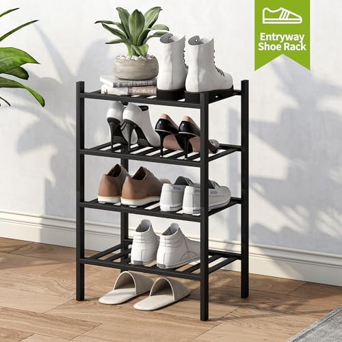 BMOSU 4-Tier Bamboo Small Shoe Rack Premium Stackable Shoe Shelf Storage Organizer for Hallway Closet Living Room Entryway Organizer (Black Bamboo) - Image 5