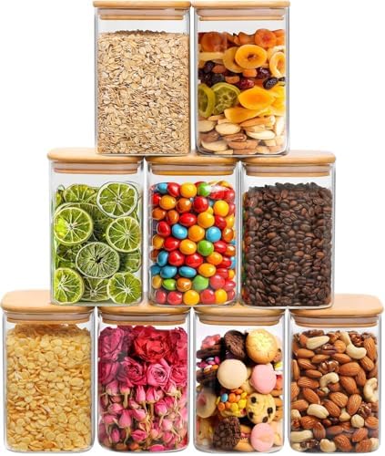ComSaf Square Glass Containers with Lids 1.2 Qt, Set of 9 Pantry Glass Jars by ComSaf