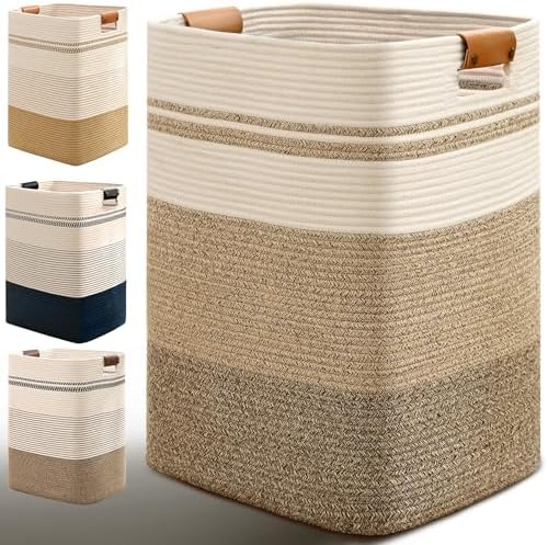 Laundry Hamper, 85L Tall Laundry Basket with Leather Handles, Rectangle Large Clothes Hamper for Organizing, Cotton Woven Laundry Baskets Storage Hampers for Bedroom, Nursery, Living Room by Degeyoyo