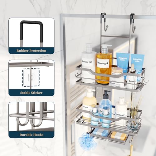 Consumest Over The Door Shower Caddy - 3 Tier Shower Organizer Hanging with Soap Holders, Large Capacity Shower Shelves with 6 Hooks, Bathroom Rack and Storage, Sand Nickel - Image 3