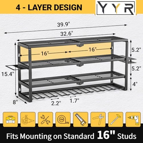 YYR 4 Layer Power Tool Organizer Wall Mount, Cordless Drill Hanger Storage Rack, Battery Tools Holder with Charging Station Shelf for Garage Organization, Workshop, Pegboard, Shed - 32 Inch 8 Slots - Image 6
