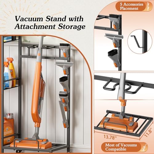 Broom Holder with Cleaning Supplies Organizer, Broom Closet Storage Cabinet with Cleaning Caddy Vacuum Stand, Cleaning Cart with Mop Hanger Gripper Rack Hook, Laundry Room Organization Home Essentials - Image 5