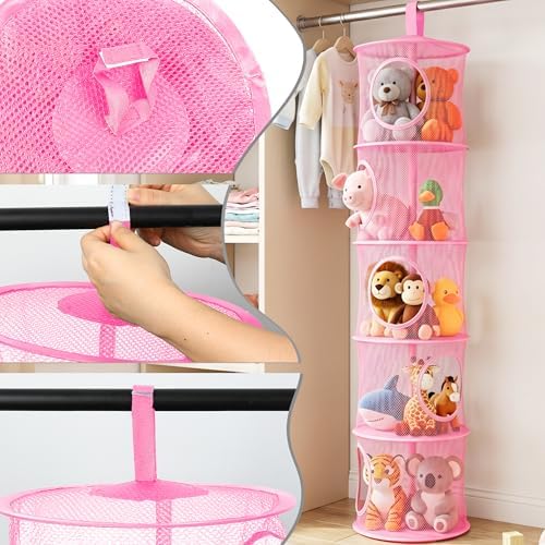 Hanging Stuffed Animal Storage Hammock Net 5 Tiers, Pink - Image 4