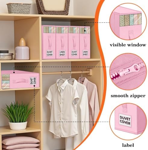 WOWBOX Sheet Organizers and Storage,Closet Bed Sheet Organizer Under Bed Storage and Organization with Label Cards & Clear Window for Bedding Sheets,Duvet Covers,Blankets (3 Pack，Pink) - Image 2