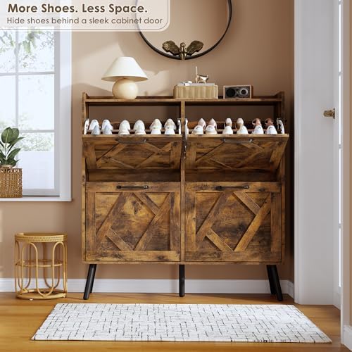 Nicetree Shoe Cabinet Storage for Entryway, Freestanding Shoe Storage Cabinet, Farmhouse Narrow Shoe Rack Cabinet for Entryway, Foyer, Hallway, Shoe Cabinet 4 Flip Drawers - Image 4