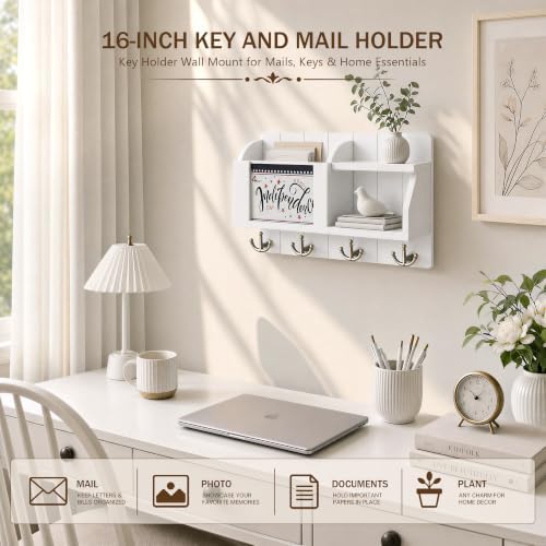 Rebee Vision Key Holder Wall Mount with Mail Organizer for Entryway, White - Image 3