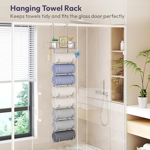 SWTYMIKI Over the Door Towel Rack - 9 Tier Towel Racks for Bathroom Wall Mounted, Towel Holder with Shelf, Hanging Rolled Towel Storage Organizer for Small Bathroom, Camper, RV, Sliver - Image 3