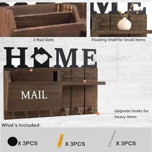 Rustic Wall Key Holder with Shelf & Hooks - Mail Organizer for Entryway | Wooden Key Rack for Keys, Coats, Dog Leash - Brown - Image 2