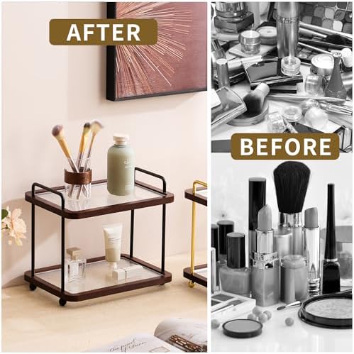 2-Tier Bathroom Counter Organizer with Transparent Stripe Acrylic Shelves, Brown Wood Frame and Black Metal Support, Rustproof Vanity Storage Rack for Skincare Cosmetics and Toiletries - Image 6