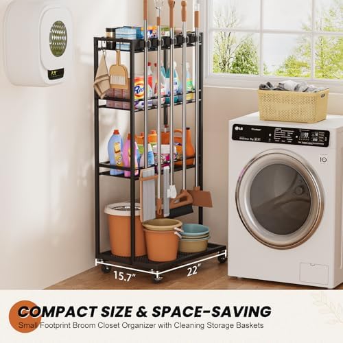 Olakee Taller Broom Holder with Cleaning Supplies Organizer, Broom Closet Storage Cabinet with Mop Hanger Gripper Rack Hooks, Housekeeping Janitorial Cart with Cleaning Caddy, Garage Home Improvement - Image 3