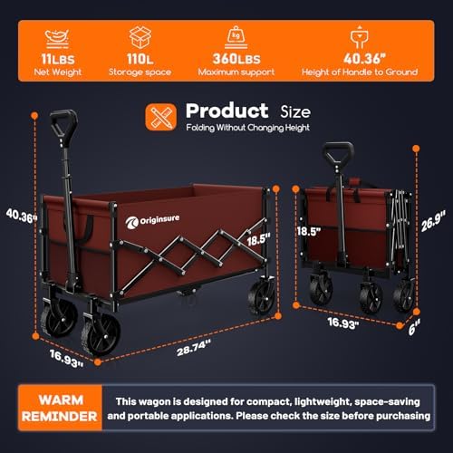 Originsure 110L Portable Collapsible Wagon Cart, 360lbs Heavy Duty, Red - Image 3