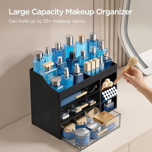 HBlife Cologne Organizer for Men Makeup Organizer Countertop with Brush Holder, Large Bathroom Counter Organizer with Drawers, Plastic Dresser Organizer Storage Fathers Day Gift for Dad Husband, Black - Image 2