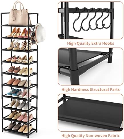 LANTEFUL 10 Tiers Tall Shoe Rack 20-25 Pairs Boots Organizer Storage Sturdy Narrow Shoe Shelf for Entryway, Closets with Hooks, Black - Image 4