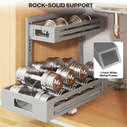 2 Pack 17IN-Depth Under Sink Organizer,Pull Out Cabinet Organizer With Smooth Cylindrical Rail,Metal Slide Out Drawer for Kitchen Bathroom Laundry,8-Level Tool Free Height Adjustable-Gun Gray - Image 3