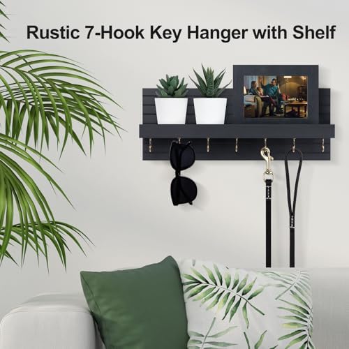 Lwenki Decorative Key Holder for Wall with Shelf, Entryway Shelf with Hooks Holds Leashes, Jackets and Glasses – Sturdy Wood Keyholder Entrance Hanger with Mounting Hardware (Black, Large) - Image 4