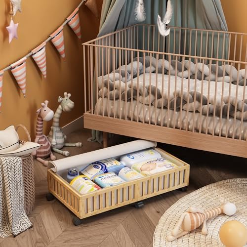 2 Pack Large Bamboo Under Bed Storage Containers with Wheels, Nature | Underbed Drawer Storage with Bag, Wood Rolling Underbed Organizer for Shoes, Sheets Clothes Blanket Comforter, Under Crib Toy - Image 3