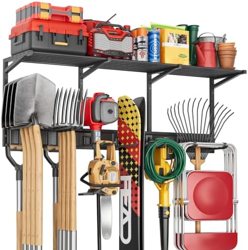 Garage Wall Organizer with Storage Shelves, 48" Garden Tool Organizer with Shelving Units and Hooks Hangers, Heavy Duty Metal Shelf with Shovel Rake Holder, Garage Organization Rack for Yard Shed Lawn by Olakee