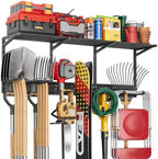 Garage Wall Organizer with Storage Shelves, 48" Garden Tool Organizer with Shelving Units and Hooks Hangers, Heavy Duty Metal Shelf with Shovel Rake Holder, Garage Organization Rack for Yard Shed Lawn by Olakee