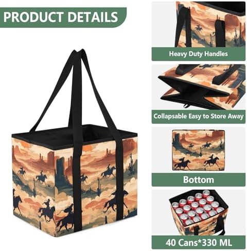 Trunk Organizer Collapsible Car Organizer with Handle Car Storage Box Bin for Groceries SUV Utility Tote Bag Portable Vehicle Container Beige Cowboy Gallop Western - Image 3