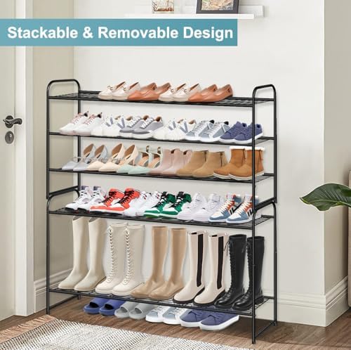 AOODA Long 3 Tier Metal Shoe Rack for Closet Wide Stackable Shoe Storage Organizer for Entryway, Bedroom, Floor, 24-Pairs Men Sneakers Shoe Shelf with Wire Grid, Black - Image 6