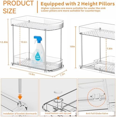 4 Pack Large Pull Out Bathroom Organizers and Storage,2 Tier 12.8″ Tall Sliding Kitchen Under Sink Organizer for Cleaning Products Storage,Acrylic Clear Bathroom inder Sink Organizer,Undersink Storage - Image 2