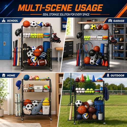 DuraMax Sports Storage Rack for Garage with Wheels, Ball Storage Rack and Sports Equipment Storage Rack, Garage Sports Organizer with Mesh Bin, Basket, Hooks and Bat Rack - Image 5