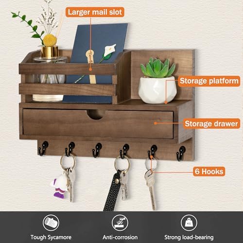 dreampossible Key and Mail Holder for Wall, Mail Organizer Wall Mount with 6 Hooks and Storage Drawer, Wooden Key Rack Hanger with Shelf for Entryway and Home Decor - Image 2