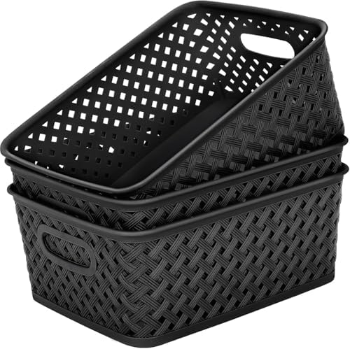 MaxGear 3 Pack Plastic Storage Baskets, Large, Black by MaxGear