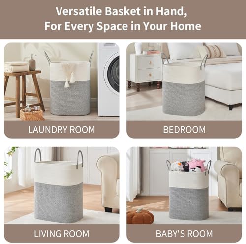 AINUOQI Laundry Basket with Handles - Blanket Basket & Hampers for Bedroom Aesthetic, Laundry Hamper & Blanket Storage for Living Room, Clothes Hamper, Tall,Large 21.7" x 16.9" x 11.8”, Light Grey - Image 3