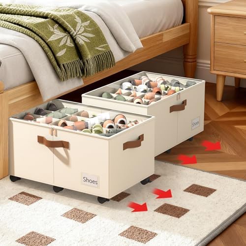 Foyego 2 Pack Shoe Organizer for Closet, Shoe Storage with Wheels, Beige - Image 2