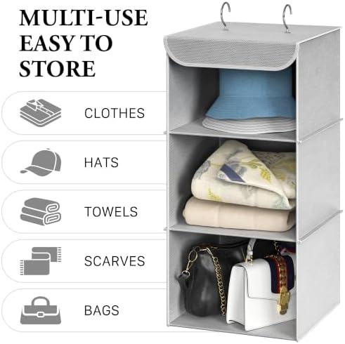 Simple Houseware 3 Shelf Hanging Closet Organizer, Gray | 360° Rotating Dual Hooks, Top Support Metal Frame - Image 5