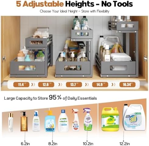 2-Pack Under Sink Organizers and Storage,2-Tier L Shape Pull Out Cabinet Organizer With Round Tube Slide Rails,Hight Adjustable Slide Out Drawers for Kitchen&Bathroom,Multi-Purpose Storage Shelf-Gray - Image 5