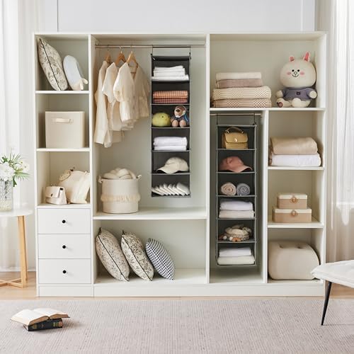 MAX Houser 6 Tier Shelf Hanging Closet Organizer,2 Pack, Grey | Dorm Room Essentials with 2 sturdy hooks, foldable lightweight fabric closet storage, space-saving design for Bedroom - Image 4