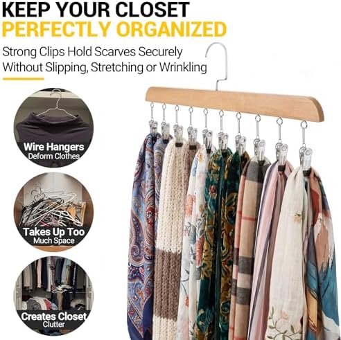 2-Pack Pants Hangers with Clips – 10 Clips Each, Space Saving Closet Organizer Hanger for Leggings, Jeans, Hats, Shorts, Belts, Scarves – Closet Organizer(2, Wood) - Image 5