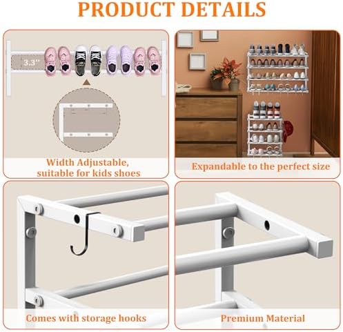 Wall Mounted Shoe Rack, 4 Tier Hanging Shoe Rack Holds 16 Pairs, 17"-30" Adjustable Heavy Duty Wall Shoe Shelf with 2 Storage Hooks, Space Saving for Closet Entryway, White - Image 6