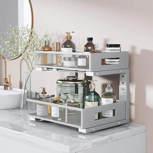 Under Sink Organizer,2-Tier Dual Pull Out Cabinet Organizer Drawers With Smooth Circular Rail,Large Capacity Metal Mesh Sliding Shelves For Bathroom& Kitchen Storage,Height Adjustable–Gun Gray,2 Packs - Image 3