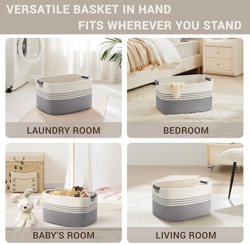 45L Small Woven Laundry Basket Hamper with Leather Handles,Grey - Image 4
