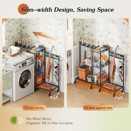 Broom Holder with Cleaning Supplies Organizer, Broom Closet Storage Cabinet with Cleaning Caddy Vacuum Stand, Cleaning Cart with Mop Hanger Gripper Rack Hook, Laundry Room Organization Home Essentials - Image 3
